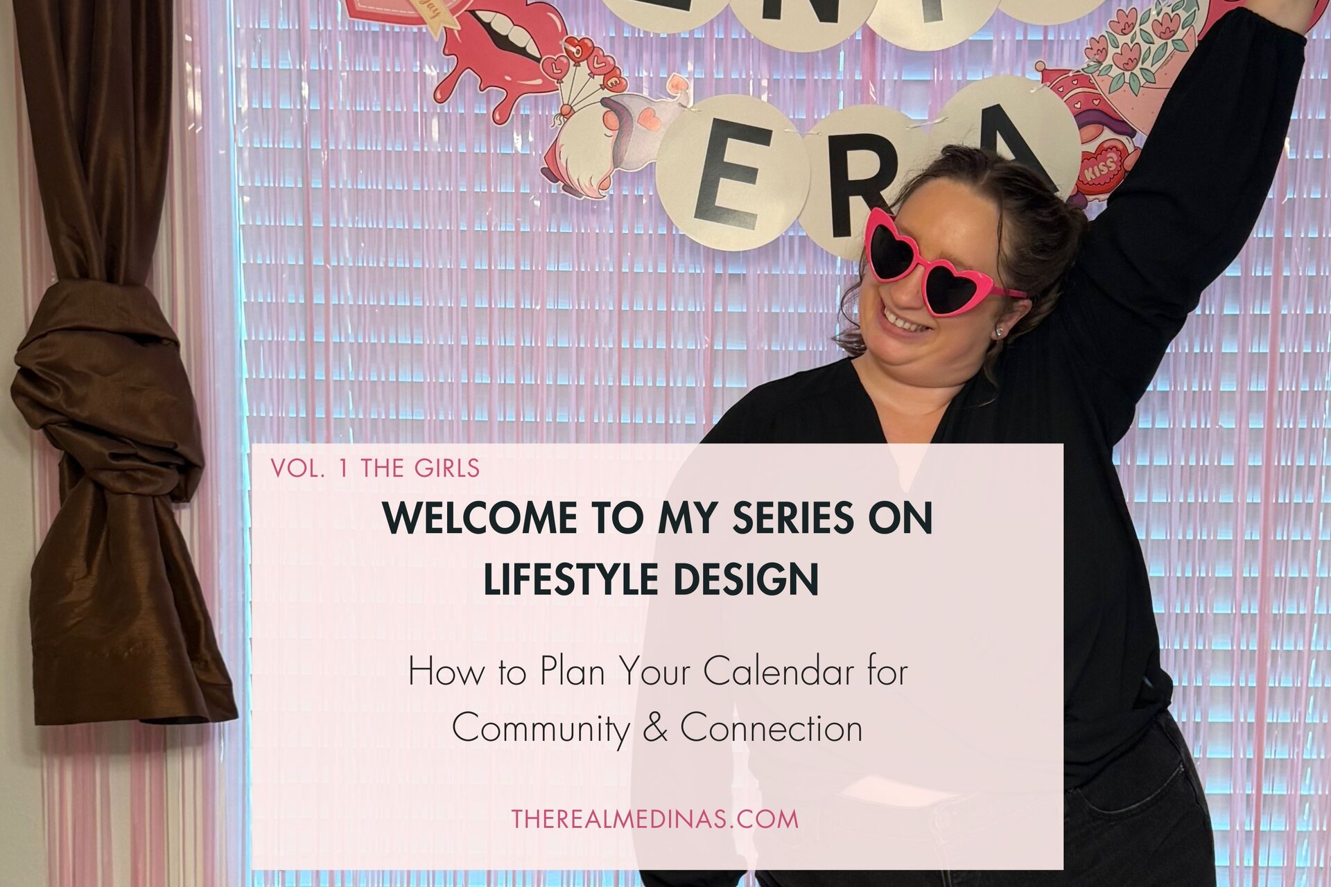 Digital graphic for "Lifestyle Design Vol 1" with three polaroid photos of a woman in sunglasses. Text asks who the user needs to see this month.
