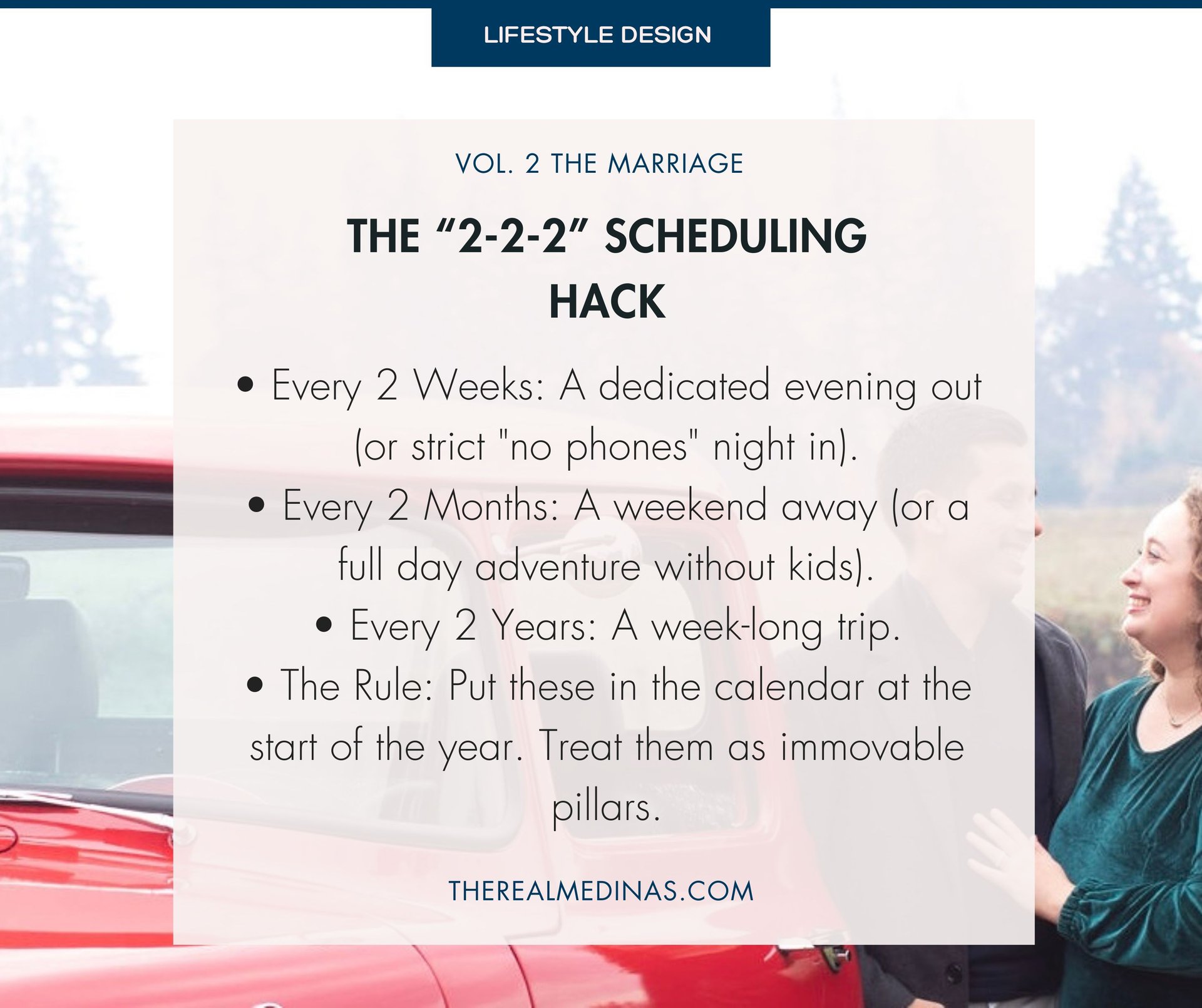 Couple standing by a red truck with text outlining the 2-2-2 scheduling hack
