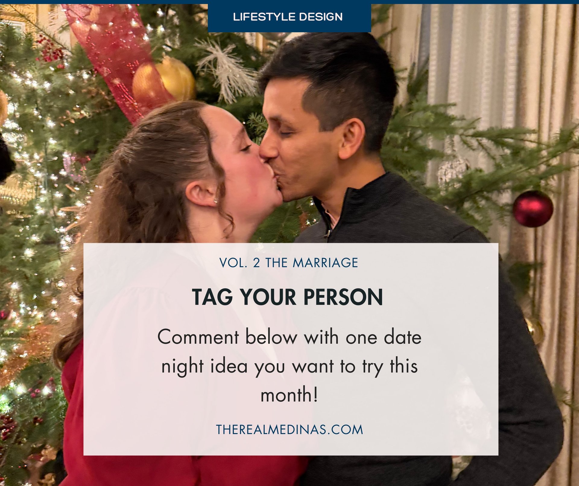 Couple kissing in front of a Christmas tree with text asking to tag your person
