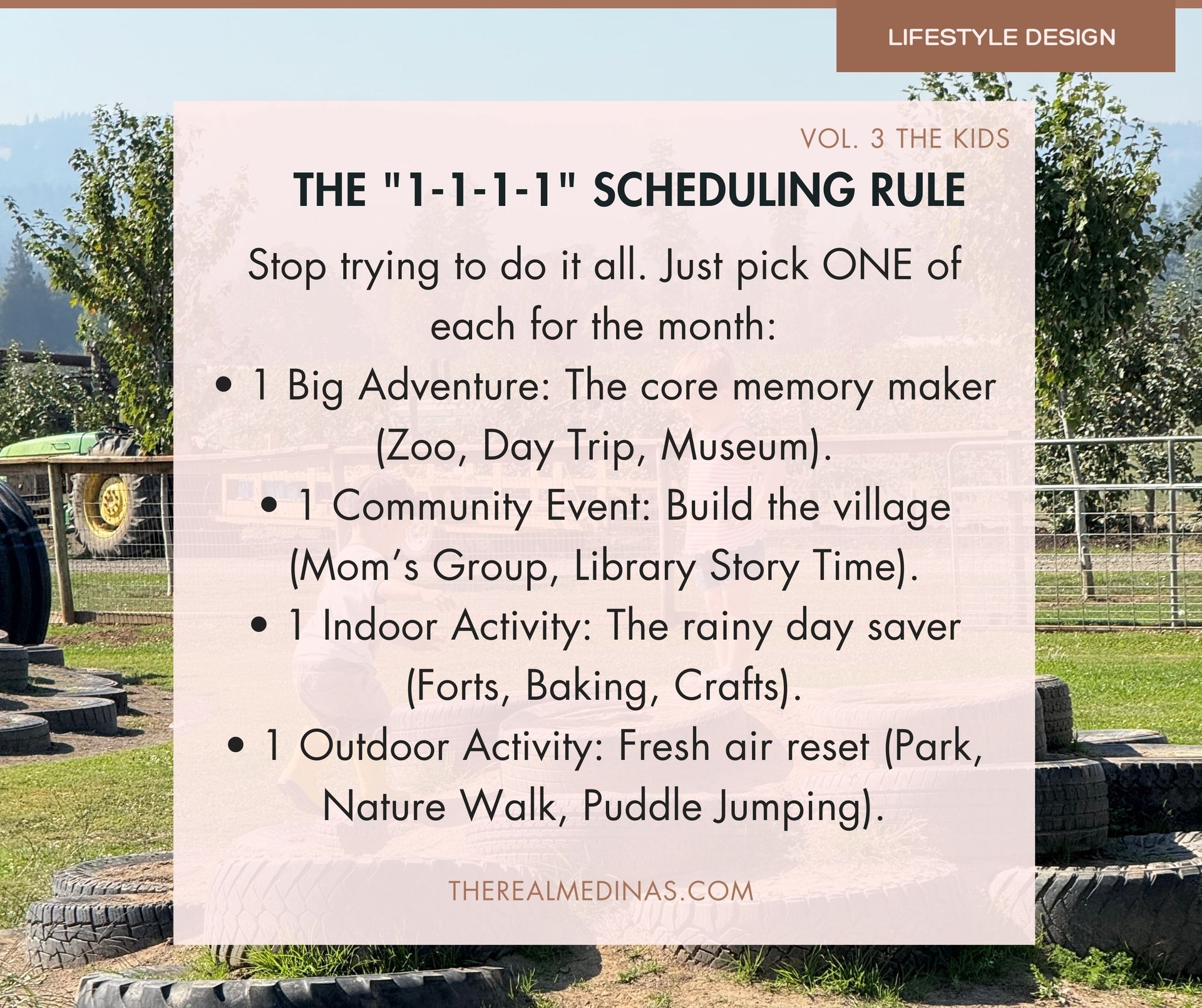 Introducing the 1-1-1-1 scheduling rule for family activities over a sunny outdoor playground background.