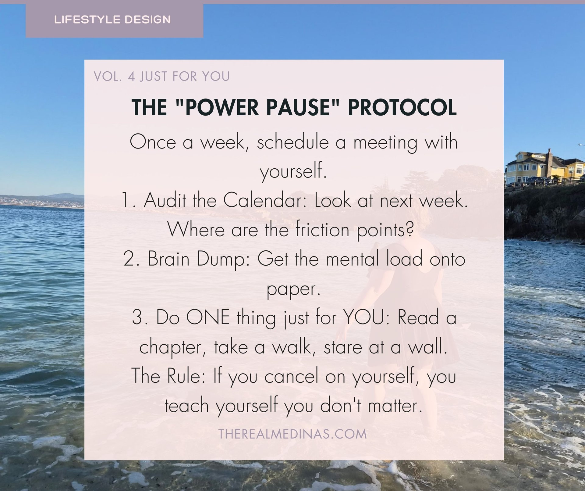 A seaside protocol card for a 'Power Pause,' offering steps for weekly self-reflection and scheduling personal time.