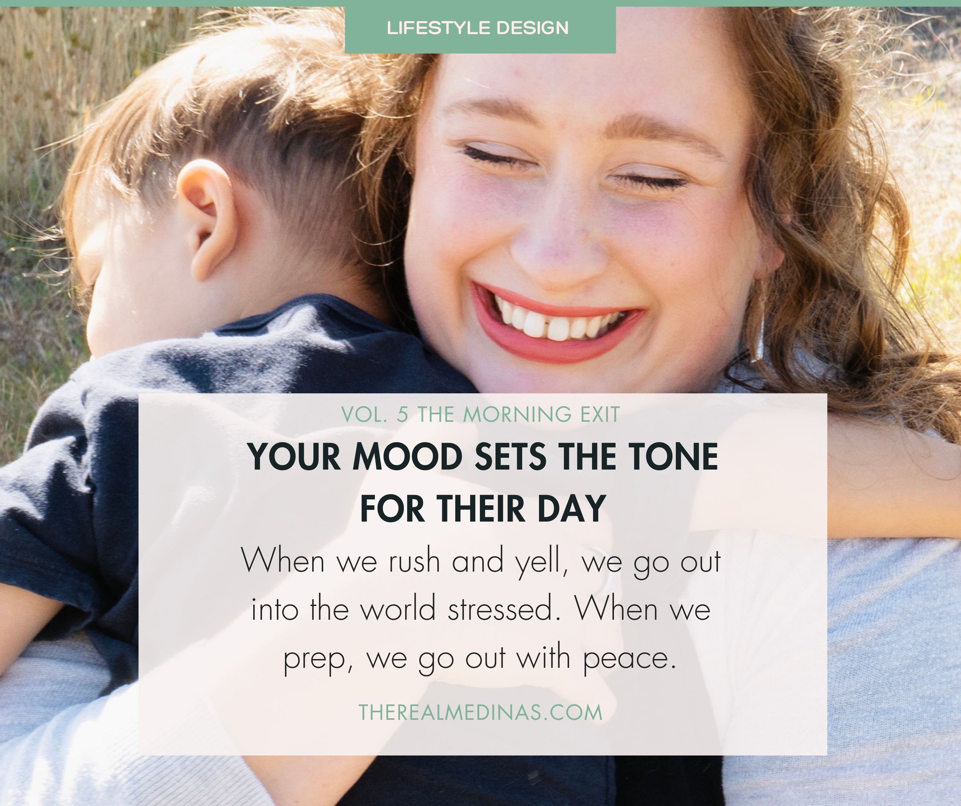 A mother warmly hugging her child outdoors, emphasizing that a parent's mood sets the tone for the child's day.