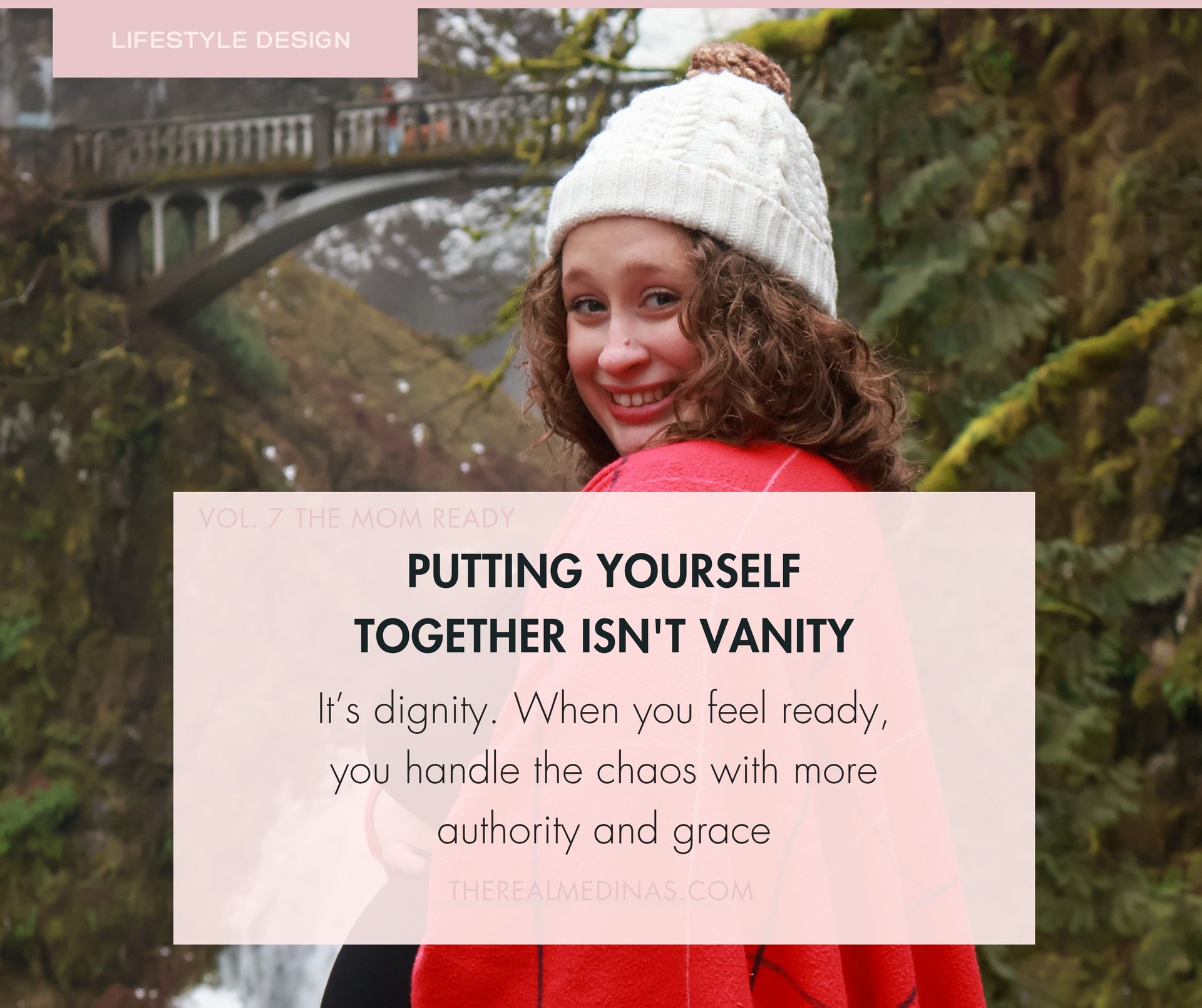 Skincare products on a warm bathroom counter with a helpful tip about creating a daily Uniform to simplify mornings.