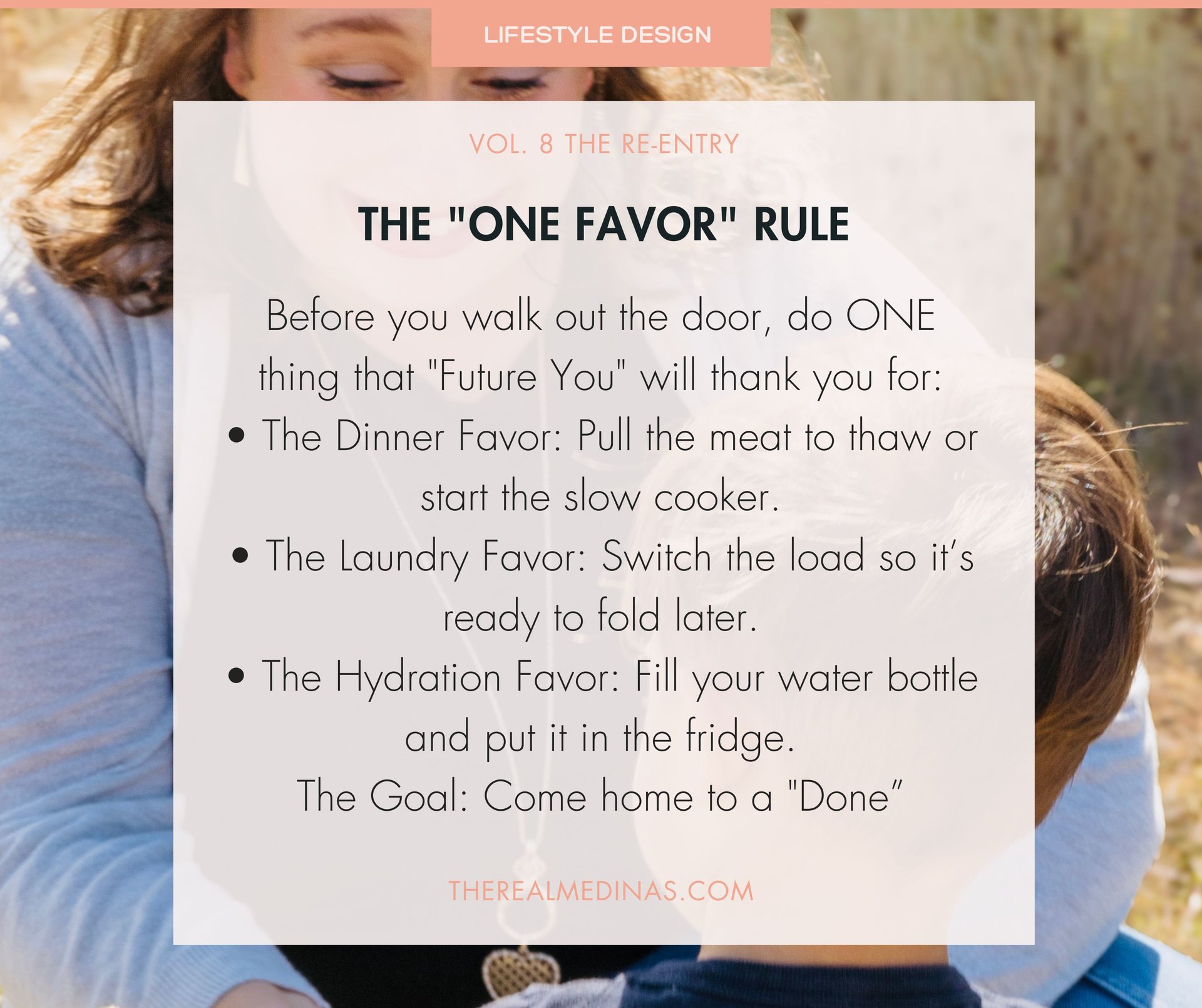 A smiling woman hugging a young boy. Text about The One Favor Rule: do one thing that Future You will thank you for.