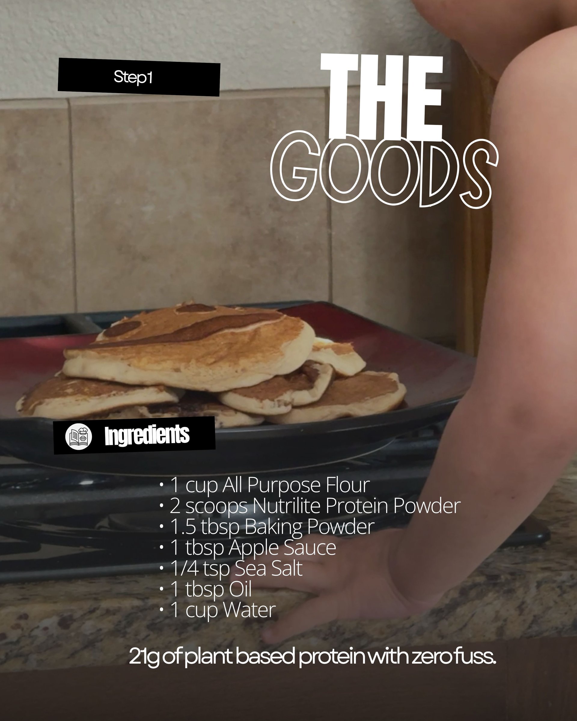 Wholesome ingredients displayed next to a plate of warm, plant-based protein pancakes for the family.