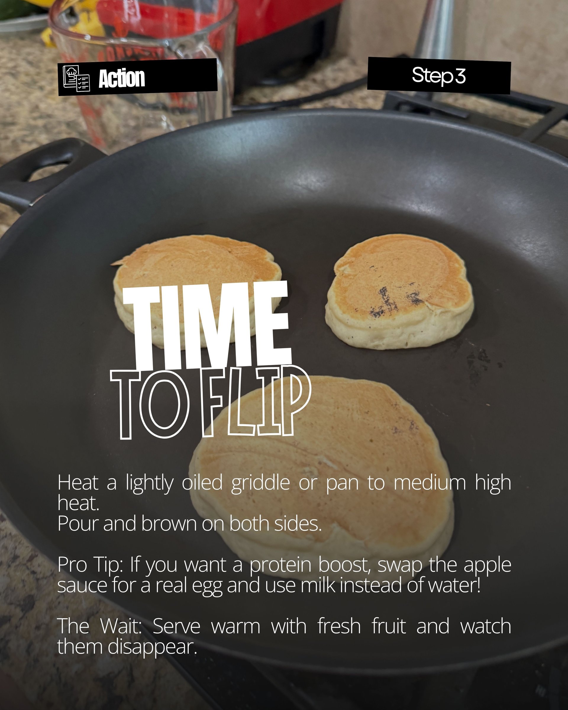Three golden-brown pancakes sizzling in a pan, ready for a fun flip and a healthy protein boost.