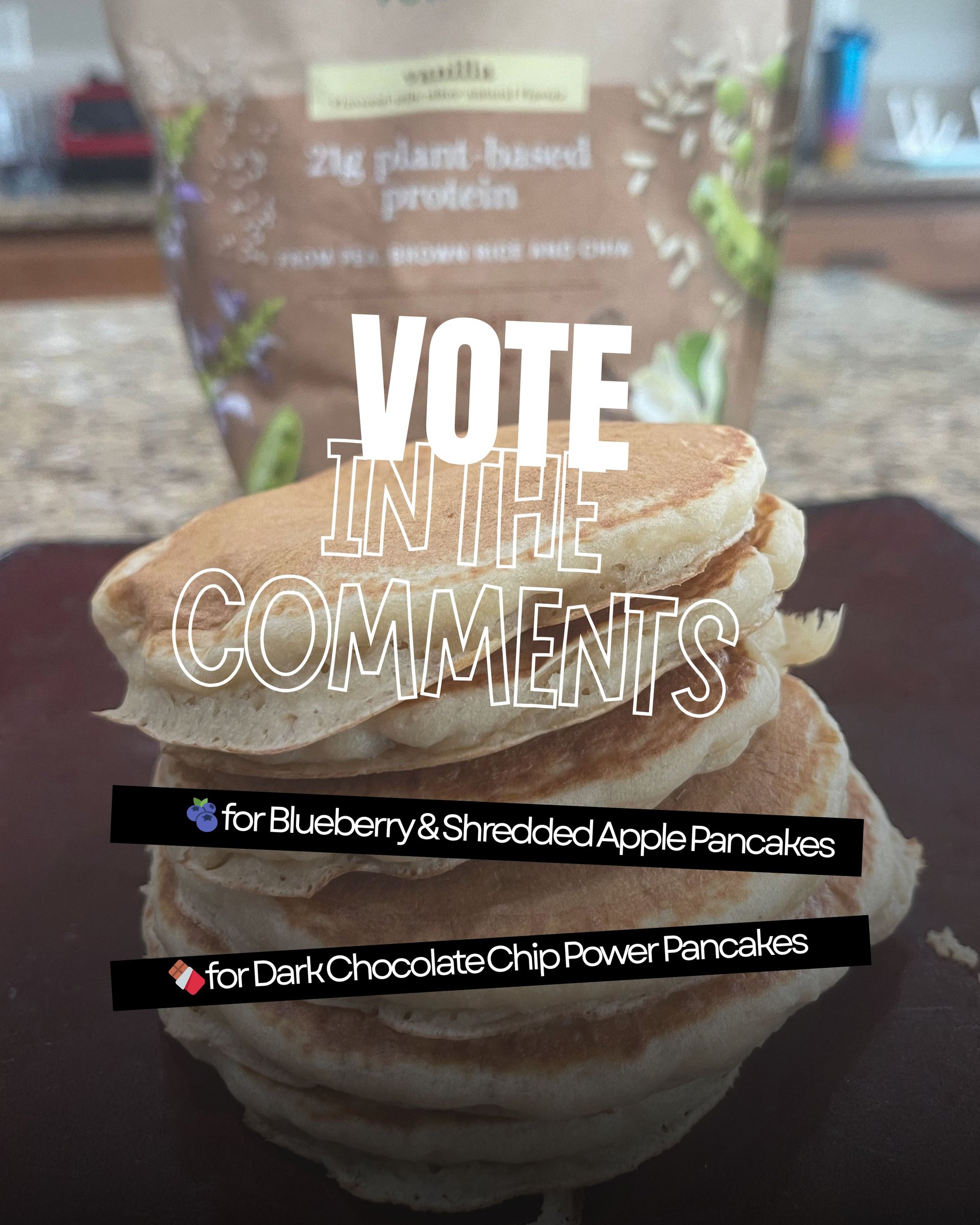 A stack of delicious power pancakes, ready for a family vote on their favorite tasty toppings.